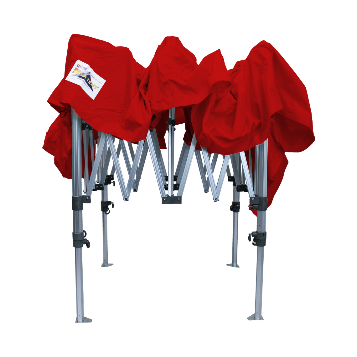Partially folded Gala Shade Pro Gazebo with a red canopy